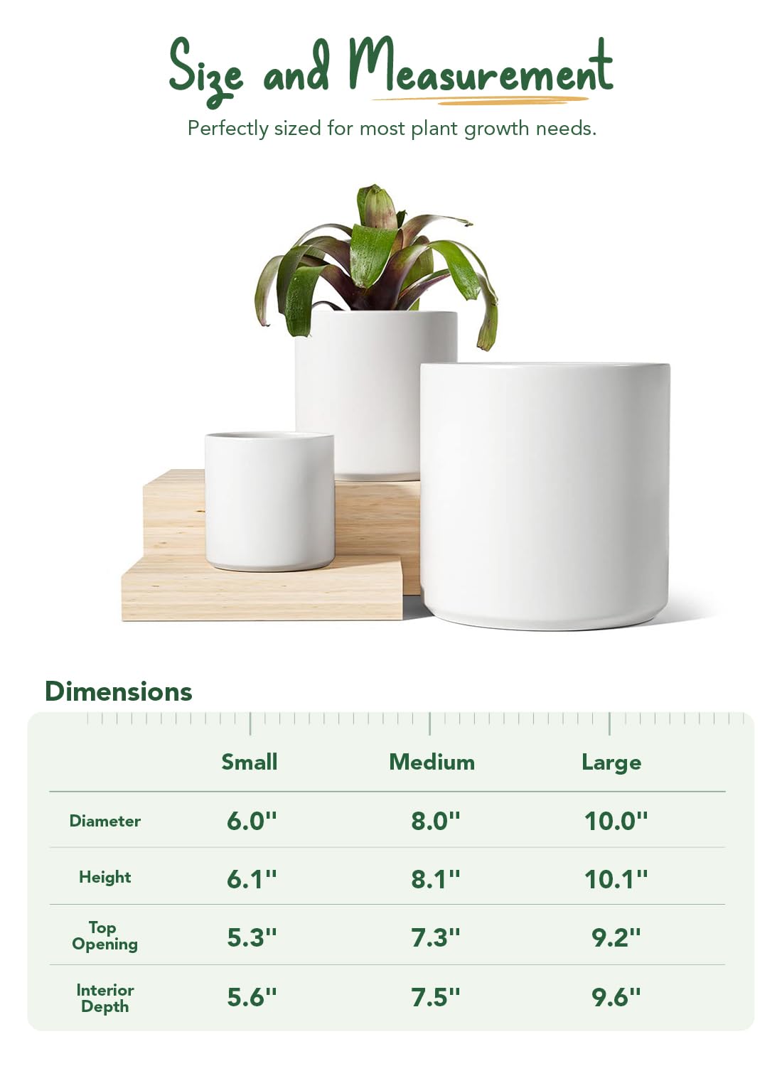LE TAUCI Ceramic Pots for Plants, 10/8/6 Inch Indoor Planters with Draiange Hole, Silicone Plug & Mesh Pad, Modern Minimalist Pots for Home Office, Set of 3, Satin, White