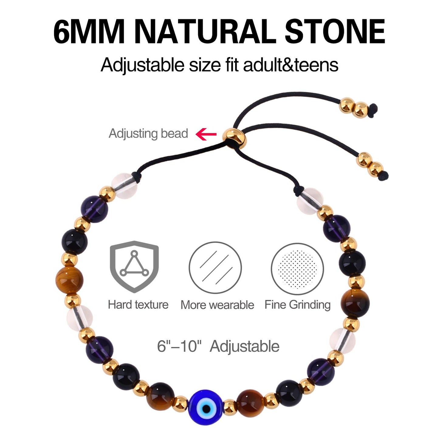 Cute Evil Eye Bracelet Red Black - Natural Crystal Protection Adjustable Spiritual Guardian Jewelry- 5 Healing Stones Clear Quartz Amethyst Black Tourmaline Tiger Eye Bracelet Adjustable (Blue Eye-Black Rope)