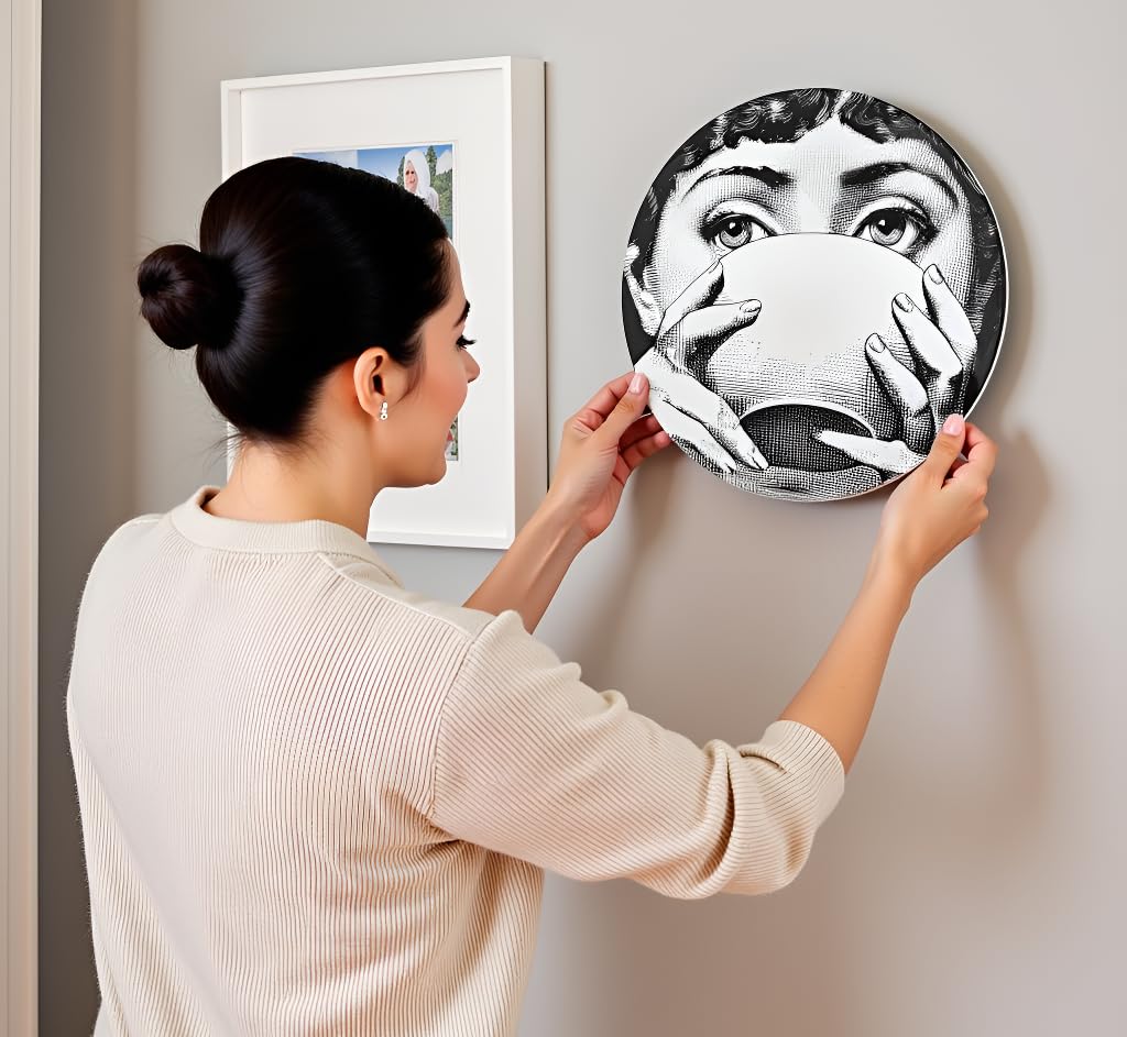 AlphaDesignLuxe 10" Italian-Style Decorative Plate – Modern Art Face Design, Handcrafted Ceramic Platter for Tabletop or Wall Display (Tea Cup)