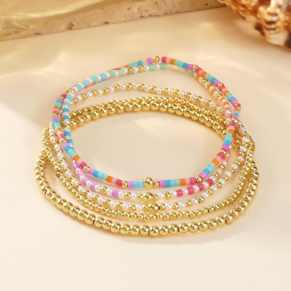 SHINUS BOHO 14K Gold Plated Blue Pink Beaded Bracelets Stack Set for Women,Stretch Stackable Cute Bohemian Colorful Fun Beads Ball Jewelry Friendship Summer Trendy
