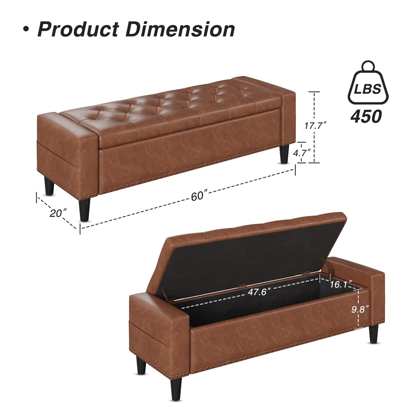 60" Storage Ottoman Bench, Faux Leather Bed Bench with Tufted Buttons and Nailhead Trim, Large Upholstered Ottoman with Storage for King Size End of Bed, Bedroom, Living Room, Entryway, Hallway, Brown