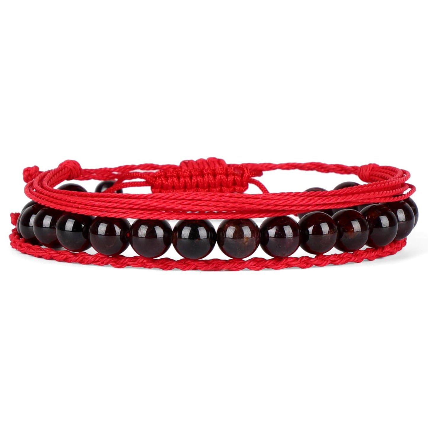 QOGIR Handmade Healing Bracelets,8mm Natural Red Garnet Gem Stone Beads Bracelet for Men Women Gifts with 2PCS Size Adjustable Rope Bracelets
