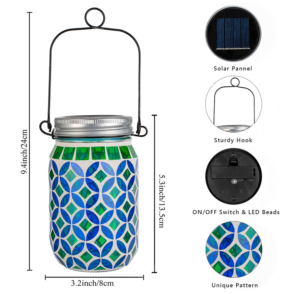 Stargarden Mosaic Solar Lantern , Outdoor Hanging Lantern Waterproof Table Lamp Mosaic Night Light for Tree, Garden, Patio, Yard, Outdoor(Blue Green)