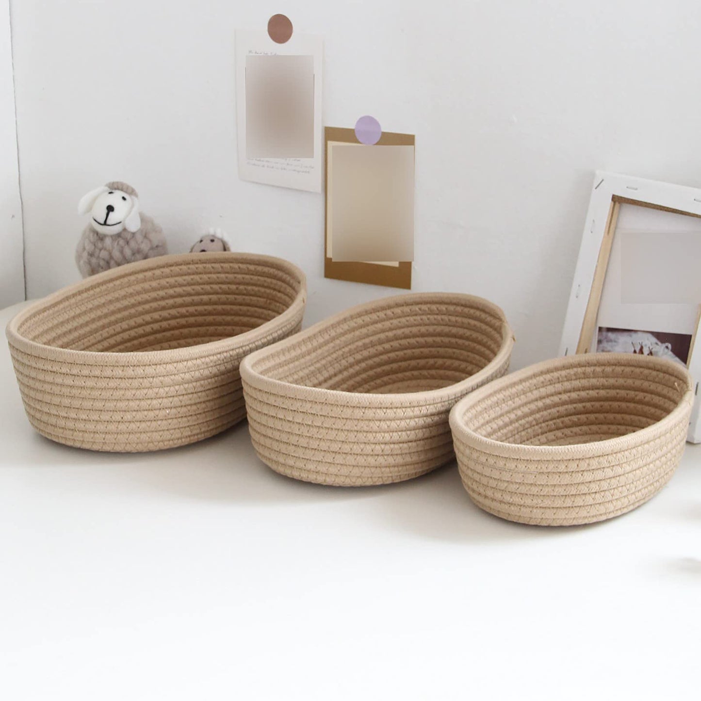 Small Woven Rope Storage Basket with Handles Spring Mini Oval Decorative Hampers for Empty Chest Box 3 Sizes(Khaki 12''L x 4"W x 7''H)