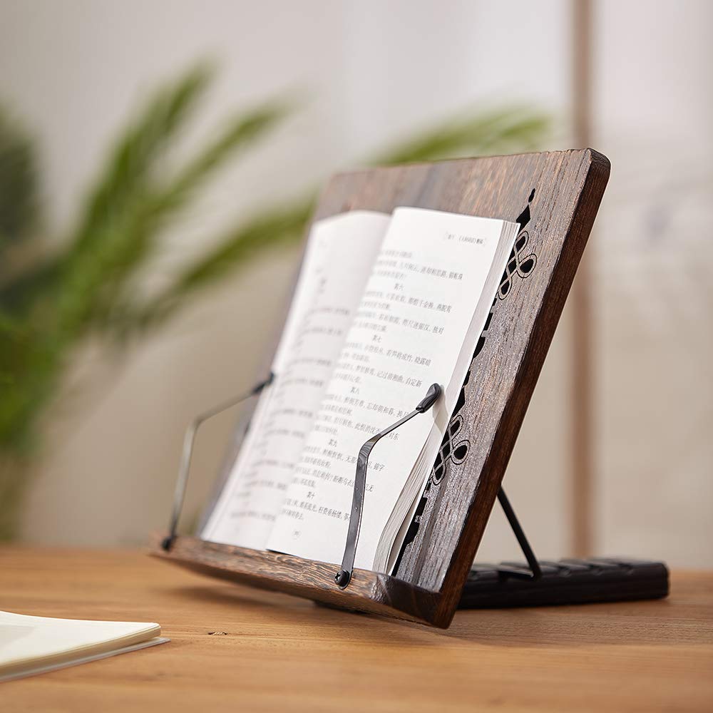 SINOBEST Book Stand with Page Clips, Foldable Reading Rest Holder, Portable Desk Bookrest, Cookbook/Tablet PC/Music Document Stand, Adjustable Wood Reading Frame (Chinese Knot, 11.8 x 8.7 inches)