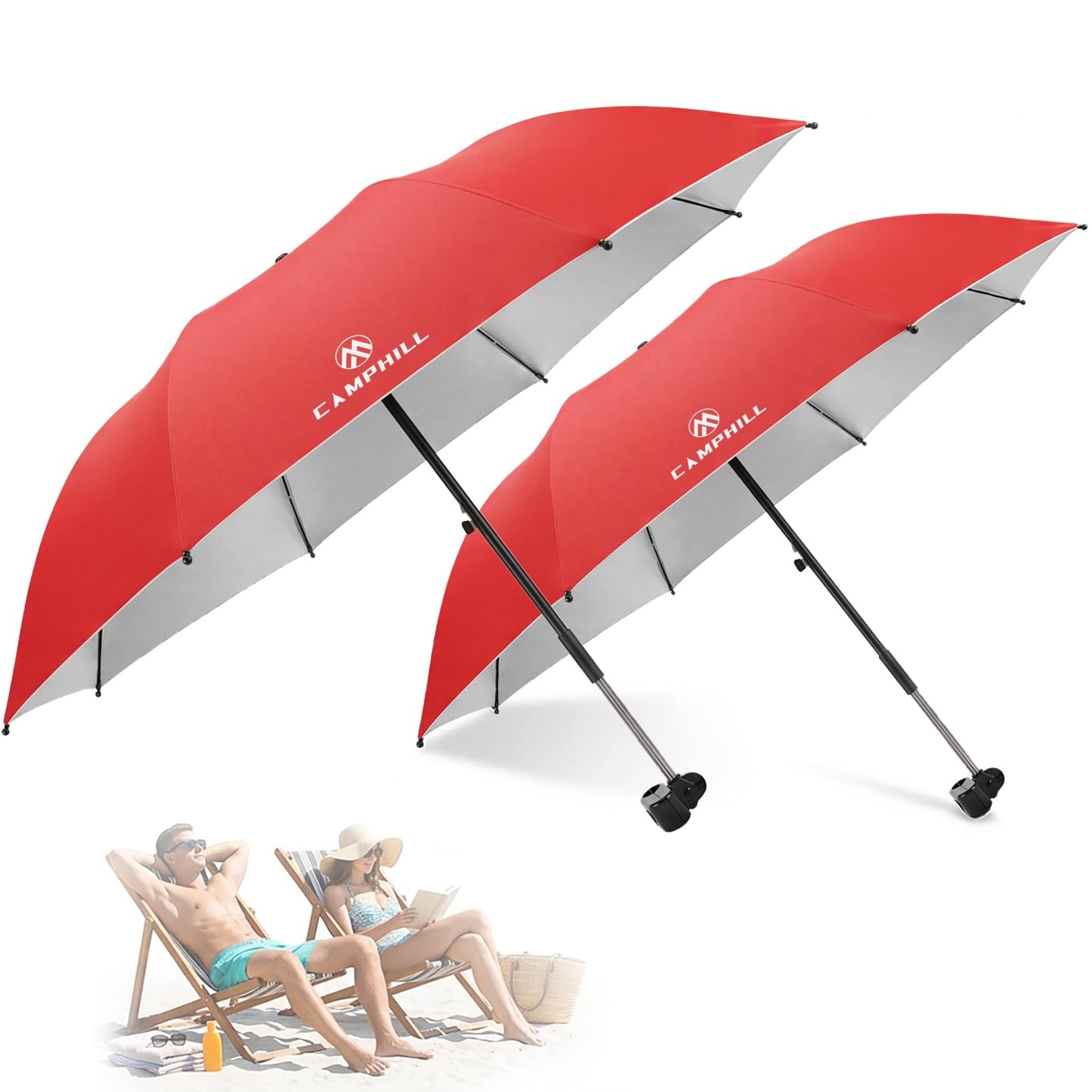 CAMPHILL 2 Pack Beach Umbrella with Clamp Sun Shade,Adjustable Umbrellas with Clip,UPF50+ Sunshade for Beach Chair,Stroller,Fishing,Camping,Patio,Wheelchair,Golf Carts,Red