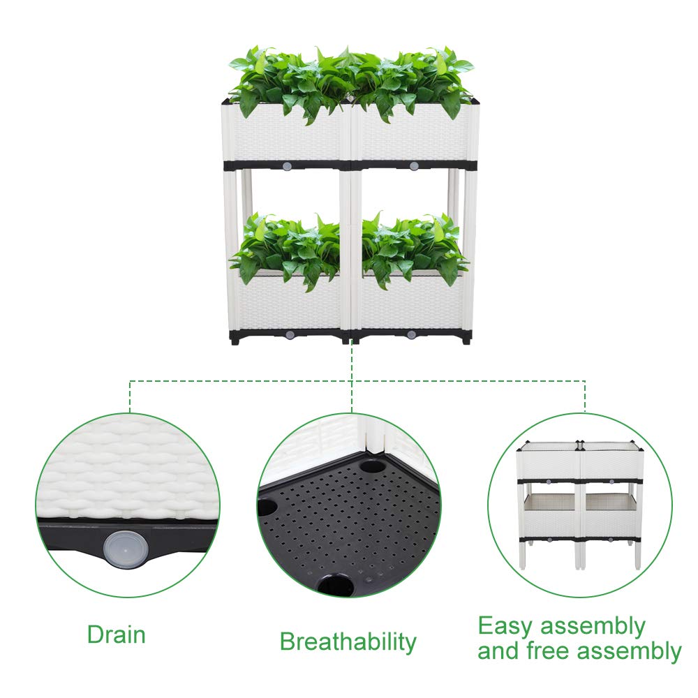 Planter Raised Beds Kits Set of 4, Plastic Elevated Garden beds with Brackets for Flowers Vegetables, Outdoor Indoor Planting Box Container for Garden Patio Balcony Restaurant, Easy Assembly (White)