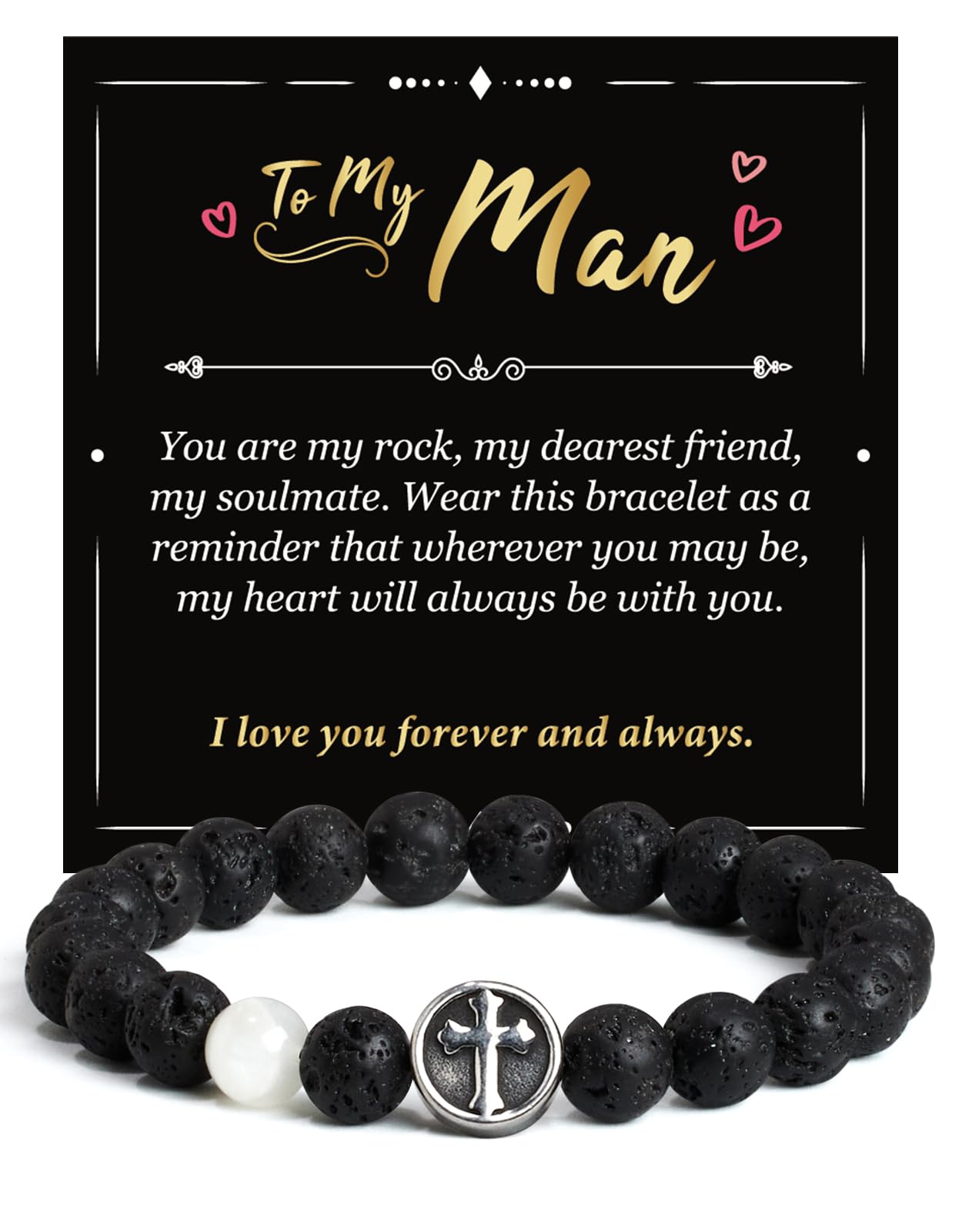 Landorilo Gifts for Men, 8mm Cross Natural Stone Beaded Bracelets, Volcanic Rock Healing Bracelet, Handmade Mens Jewelry Gift for Him, Husband, Son, Father, Friend(Happy Birthday-7.5in)