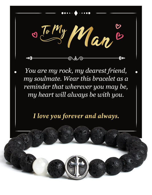 Landorilo Gifts for Men, 8mm Cross Natural Stone Beaded Bracelets, Volcanic Rock Healing Bracelet, Handmade Mens Jewelry Gift for Him, Husband, Son, Father, Friend(Happy Birthday-7.5in)