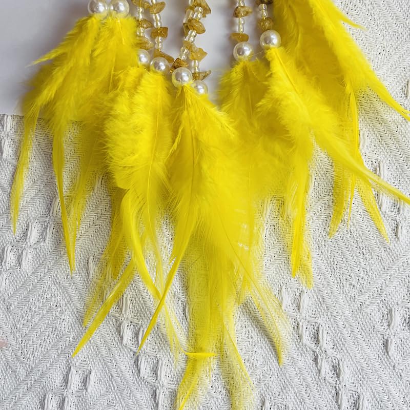 Small Dream Catcher for Car Handmade Boho Hanging Decor for Car Interior Rear View Mirror Feathers Dream Catchers Charms Ornament(Yellow)