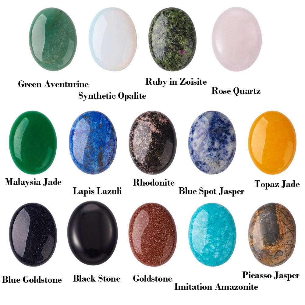 Fashewelry 14pcs Oval Healing Crystal Gemstone Cabochons 40x30mm Assorted Flatback Natural & Synthetic Energy Stone Cab Covers No Hole for Jewelry Craft Bracelet Necklace Making