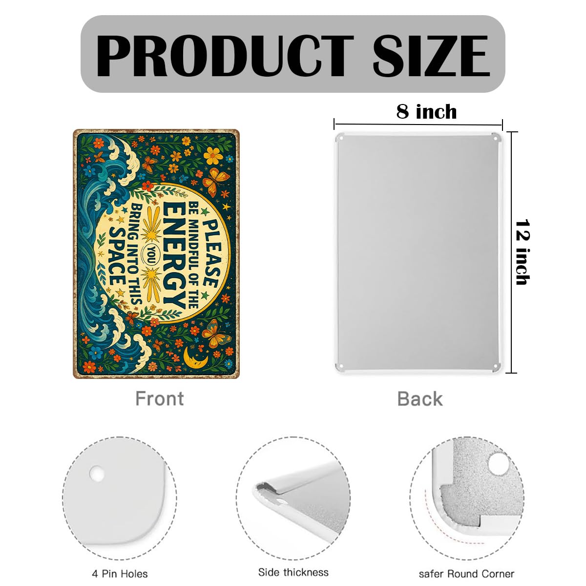 Please Be Mindful of the Energy You Bring Tin Sign – Spiritual Wall Decor for Home, Yoga Room, or Meditation Space – Retro Metal Wall Art Aesthetic, Positive Energy Tin Sign 8x12 Inch