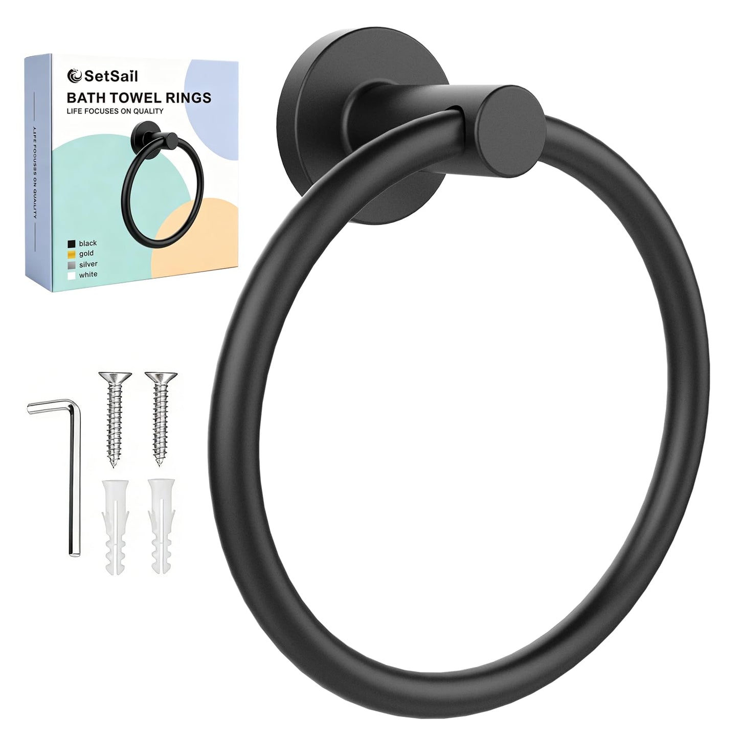 SetSail Towel Holder for Bathroom Wall Matte Black Towel Ring Stainless Steel Hand Towel Holder Heavy Duty Towel Hanger for Bath, Kitchen