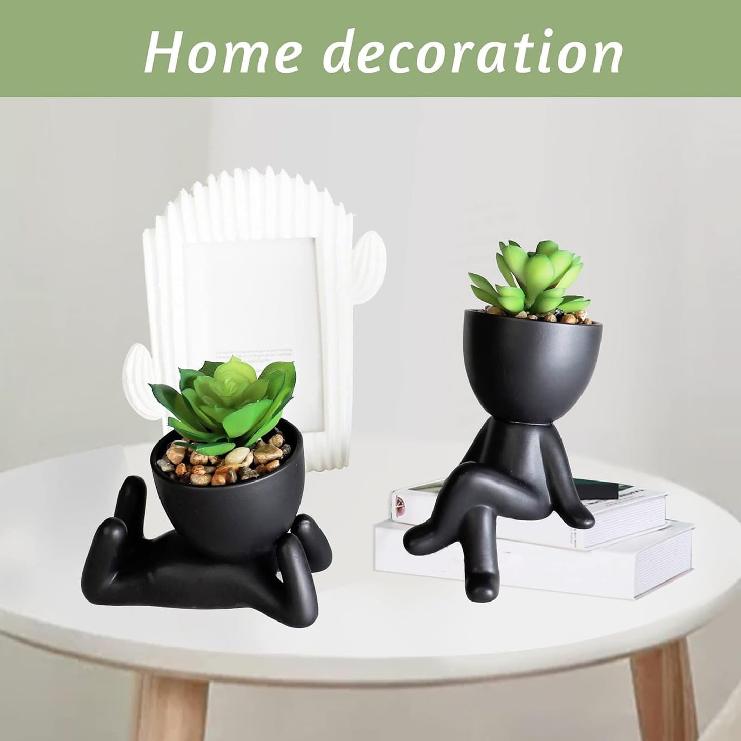 Zerzsy 3 PCS Cute Artificial Succulent Plants with Creative Ceramics Human Shaped Pots, Mini Potted Plants Black Bathroom Fakeplants, Faux Succulent Desk Decor for Home Office Shelf Decor