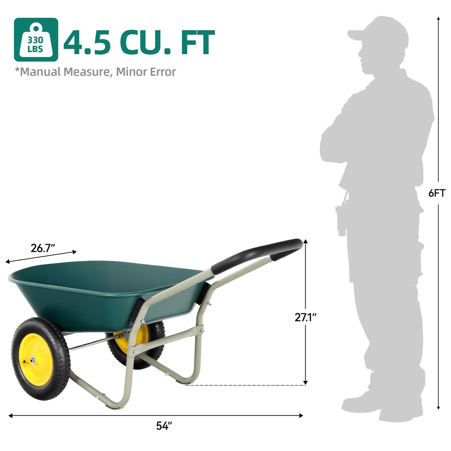 Ultym 2 Wheel Wheelbarrow, Dual-Wheel Garden Dump Cart with 13" Non-Slip Pneumatic Tires & Ergonomic Padded Handle, Heavy-Duty Home Utility Yard Cart Wagon with 4.5 Cu Ft Capacity for Lawn, Gardening