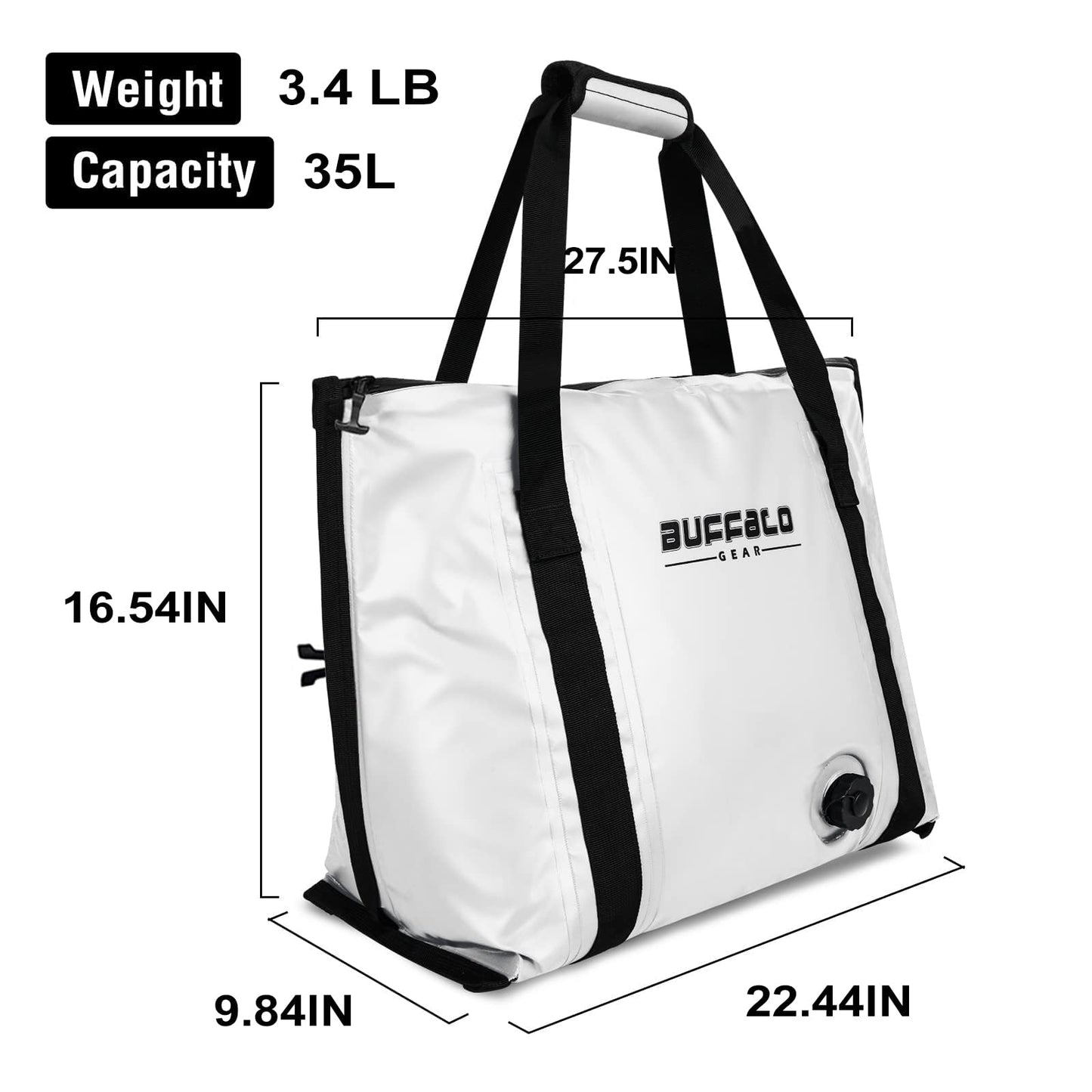 Buffalo Gear Insulated Fish Bag Cooler Flat Bottom-35L Waterproof Fish Kill Bag,Small Fishing Bag Leakproof Fish Cooler (White)