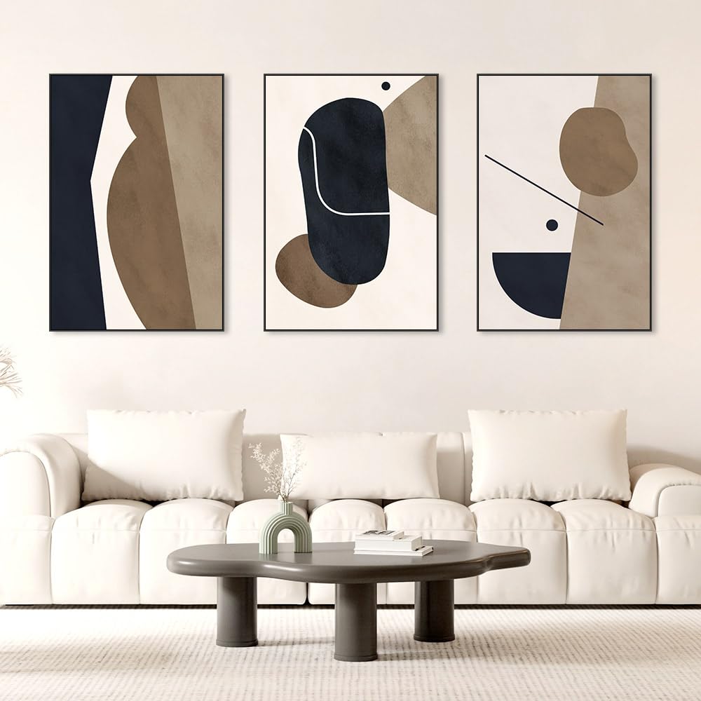 Abstract Framed Canvas Prints,Geometric Wall Art,Black White Brown Decorative,Large 24" X 32"X 3 Panel Modern Wall Decor for Living Room Bedroom Bathroom Hotel Kitchen Bar Office Entryways Wall Décor