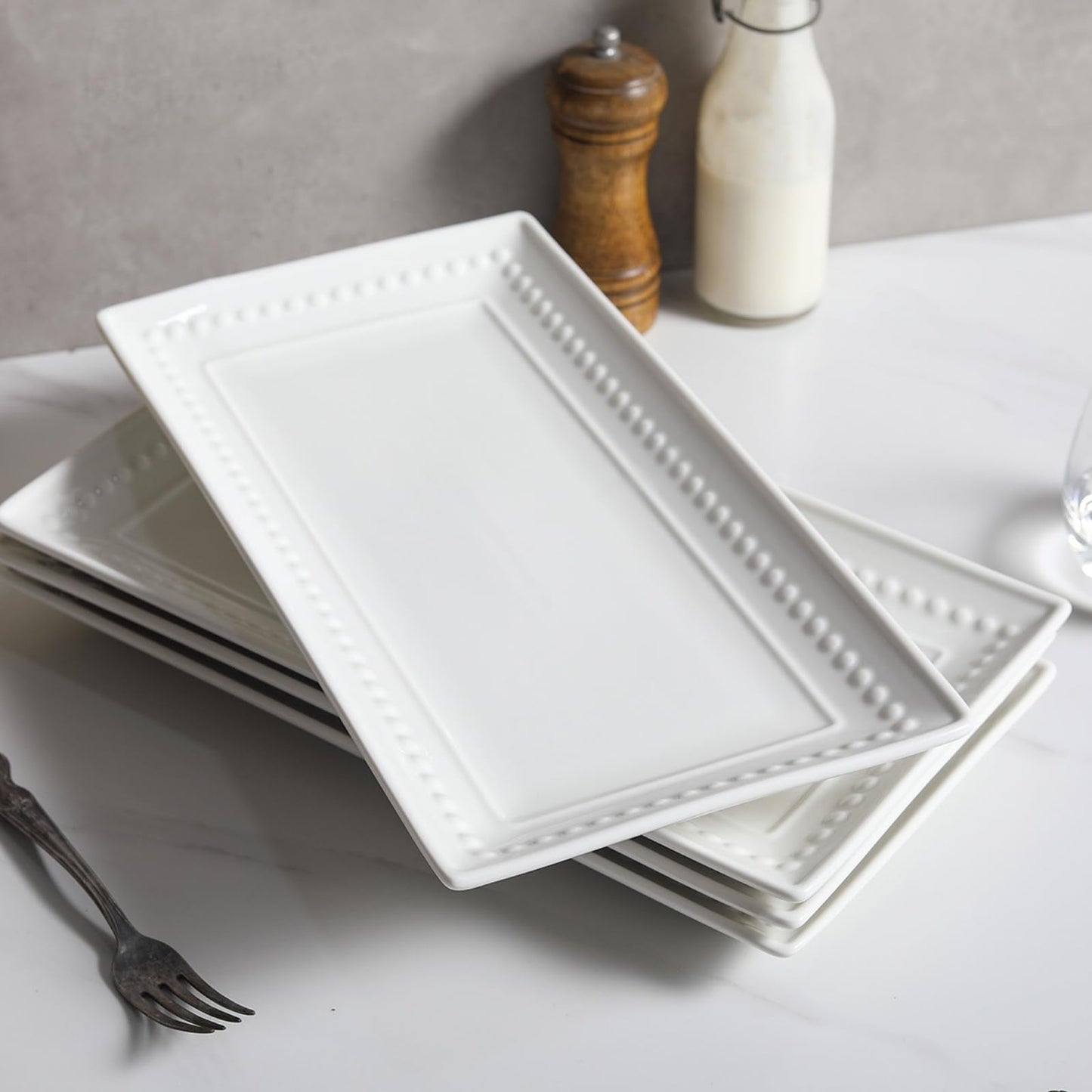 Feenmai 14 inch Ceramic Serving Platter - Rectangular Serving Trays Set of 4, Large Embossed Plates, Porcelain White Platters for Steak, Appetizer, Dessert, Tacos, Housewarming, Oven Dishwasher Safe