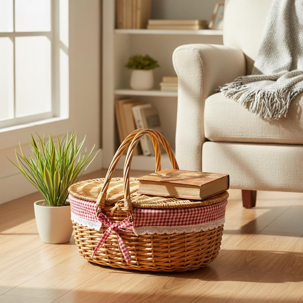 Wicker Picnic Basket with Lid and Handle Sturdy Woven Body with Washable Plaids Liner,Red