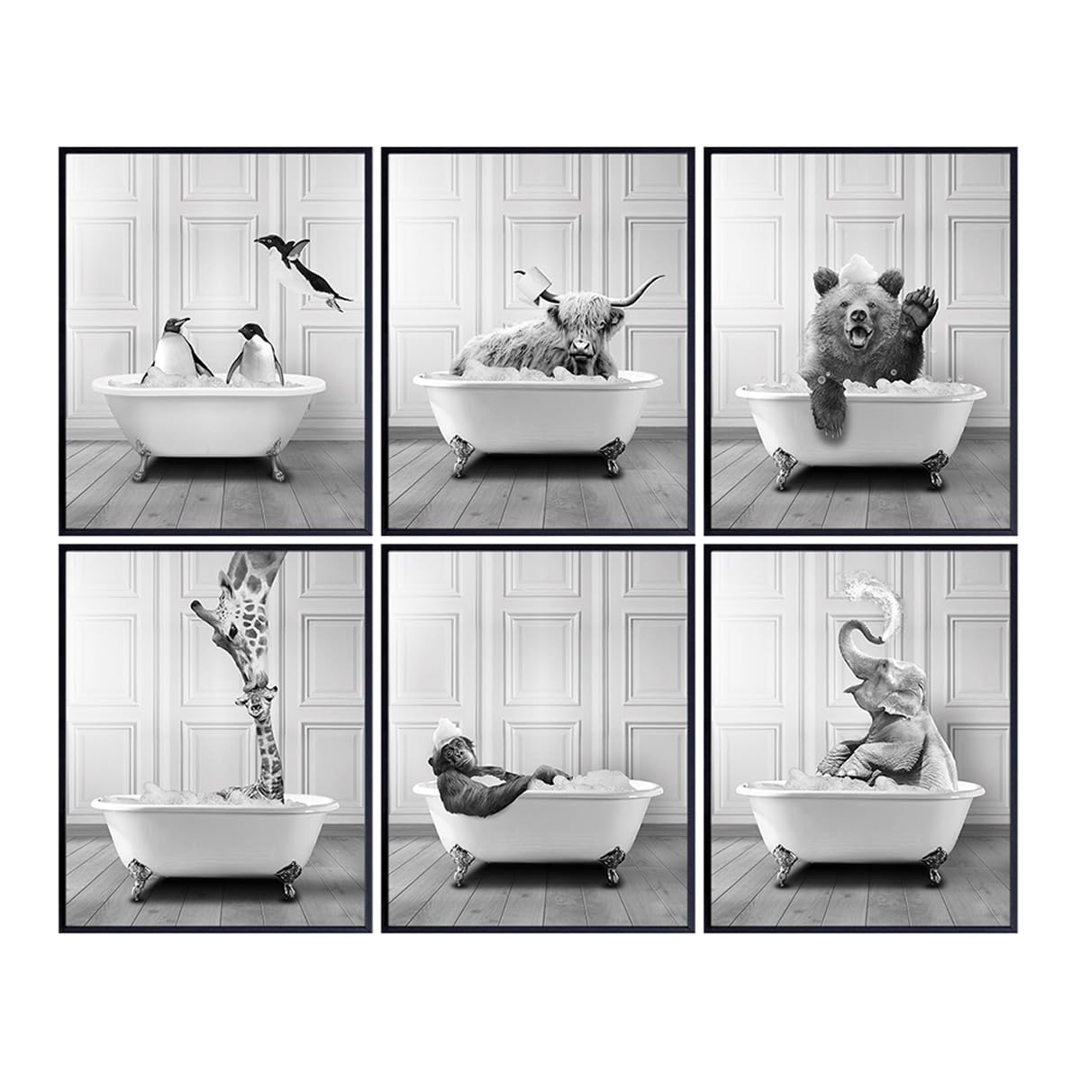 Cute Bathroom Wall Art & Decor - Funny Bathroom Decor for Women, Kids - Cow Elephant Bear Giraffe Penguin Wall Art Set - Bath Pictures - Bath Wall Decor - Accessories - Powder room Sign