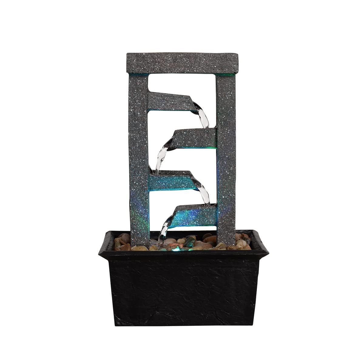 GOSSI 10" 4-Tier Tabletop Waterfall Fountain with Natural River Rocks, LED Lights, Resin Indoor Water Feature for Home Office Decor, Meditation Relaxation Gift