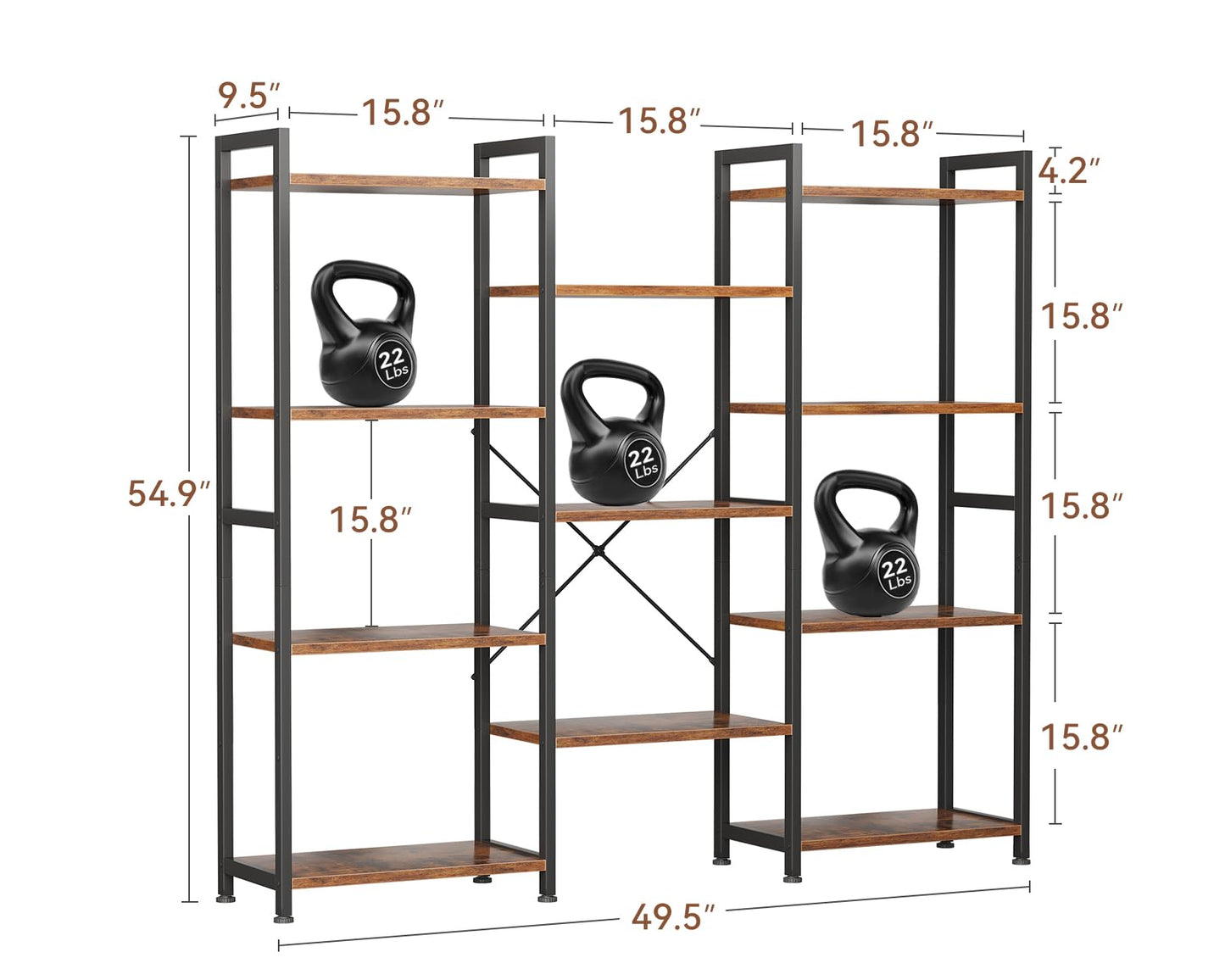 Casaottima Triple 4 Tier Bookshelf, Large Bookcase with 11 Open Display Shelves, Modern Industrial Book Shelves Book Case for Bedroom, Wide Standing Shelving Unit for Living Room Home Office, Vintage