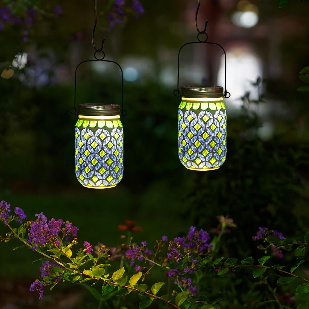 Stargarden Mosaic Solar Lantern , Outdoor Hanging Lantern Waterproof Table Lamp Mosaic Night Light for Tree, Garden, Patio, Yard, Outdoor(Blue Green)