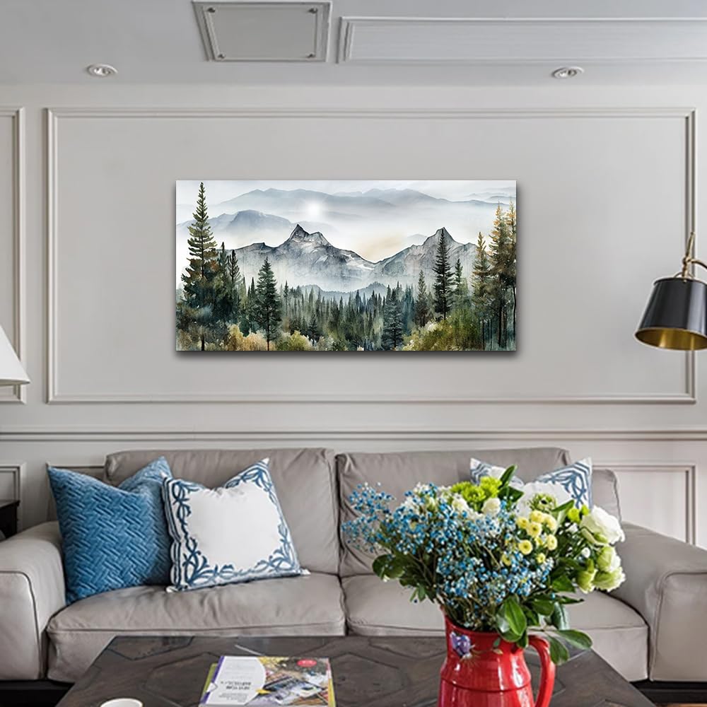Lapremoly Canvas Wall Art for Living Room, Bedroom, Office - Modern Abstract Mountain Scenery Paintings, Misty Forest Landscape Pictures - Home Decorations Artwork