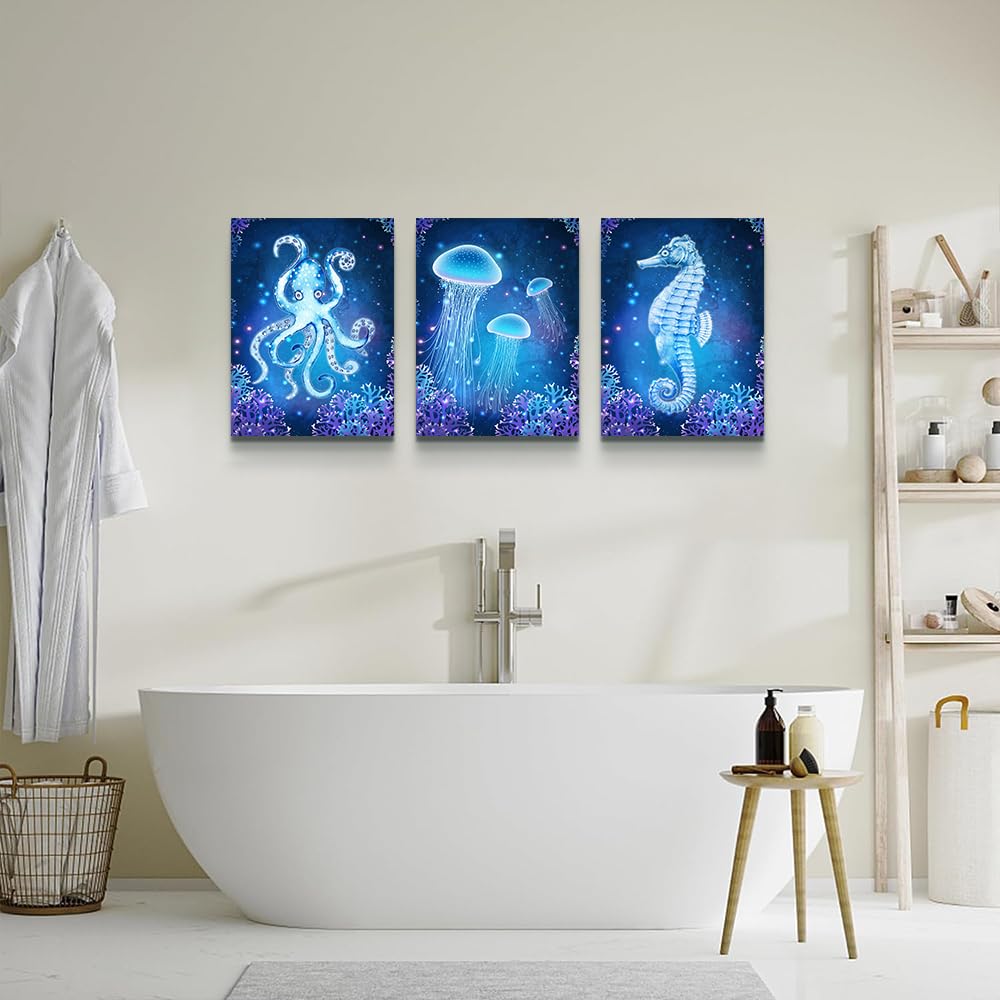 DZRWUBHS Wall Art Paintings For Bedroom Living Room Wall Decor Blue Ocean Life Theme Art Prints Wall Artworks Sea Animal Sea Horse Octopus Jellyfish Pictures Bathroom Home Decor Posters 3 Panels