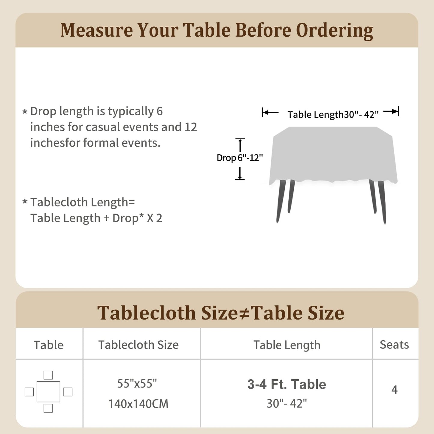 Textured Table cloth for Rectangle table, Heavy Duty Farmhouse Tablecloth Solid Cotton Linen Waterproof Wrinkle Free Burlap Table Cover for Kitchen Dining,Party, Light Brown 55''x55'',4 Seats