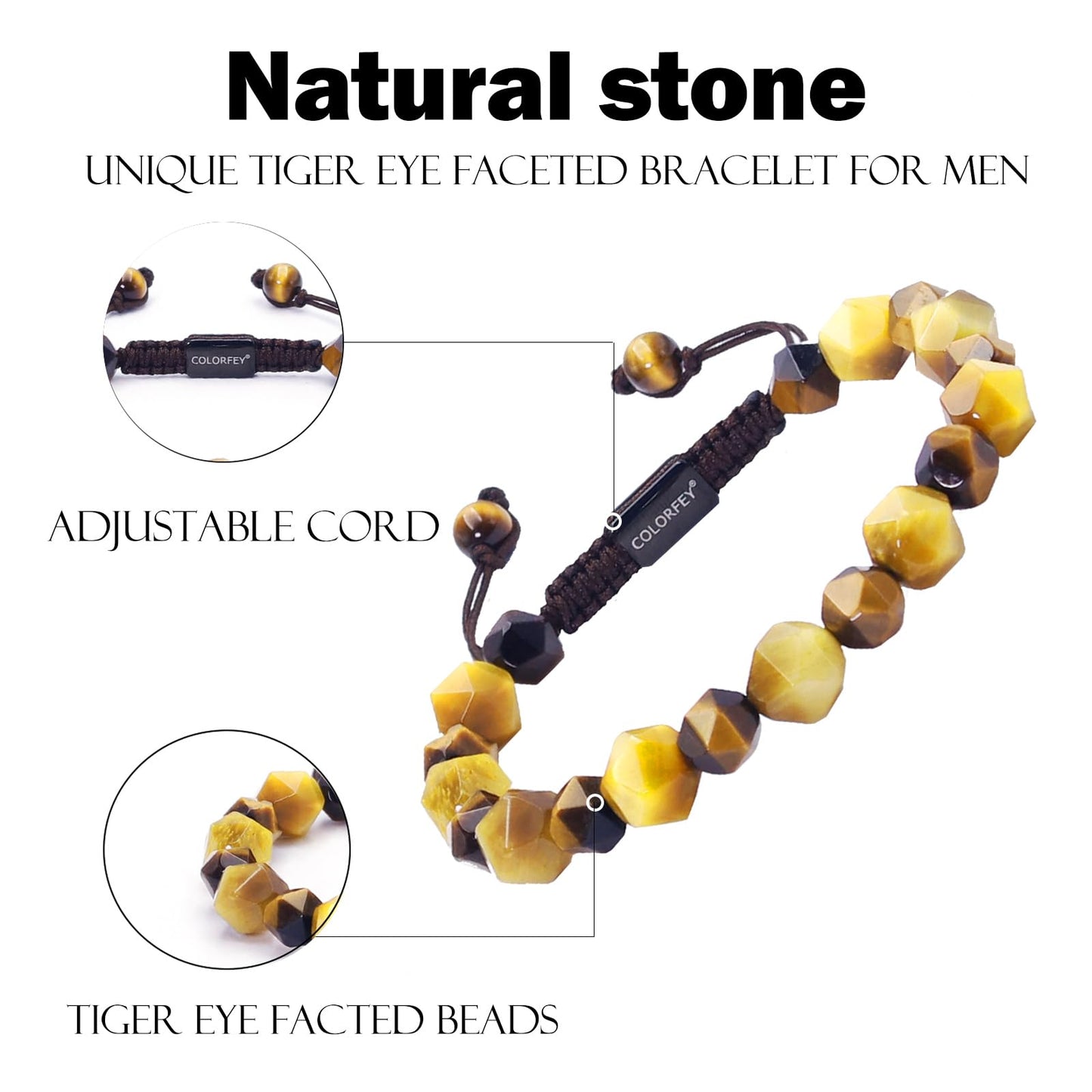 COLORFEY Tiger Eye Crystal Bracelets for Men, Protection Crystals Real Tiger Eye Beads Bracelet Healing Energy Stone Bracelet, Unique Handmade Mens Bracelets Trendy Jewelry for Boosting Courage