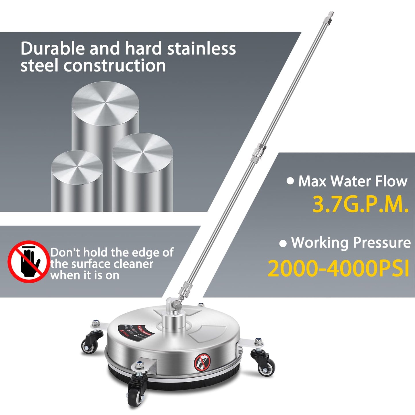 Dalmbox 14" Pressure Washer Surface Cleaner with 4 Wheels, 1/4" Quick Plug, Stainless Steel Housing, 4000 PSI, Pressure Washer Surface Cleaner Attachment for Patio, Courtyard, Concrete, Sidewalks