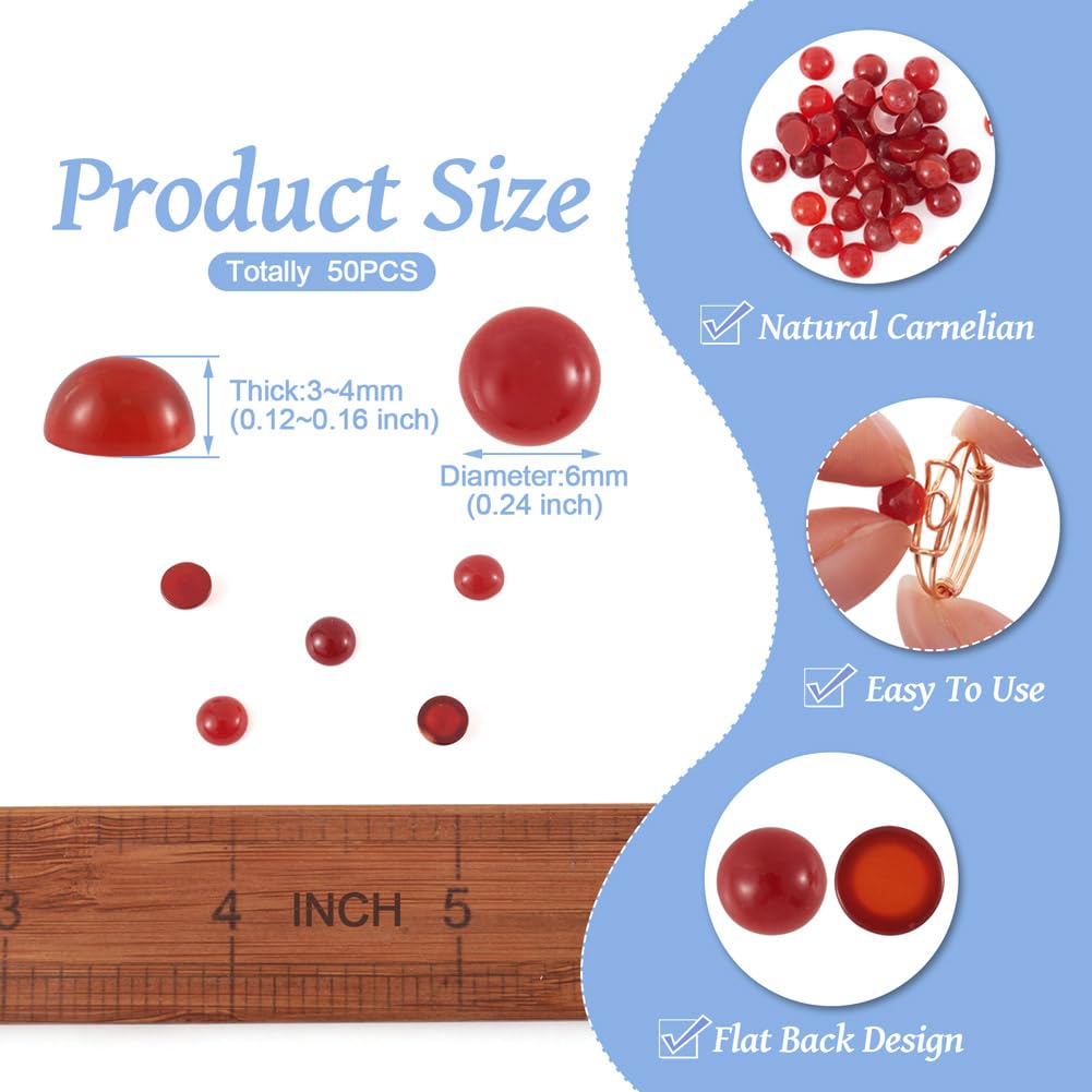 Fashewelry 50Pcs Natural Carnelian Cabochon Stone Half Round Beads 6mm Flat Back Gemstone Chakra Healing Crystal Dome Cover Cabs for Jewelry Making