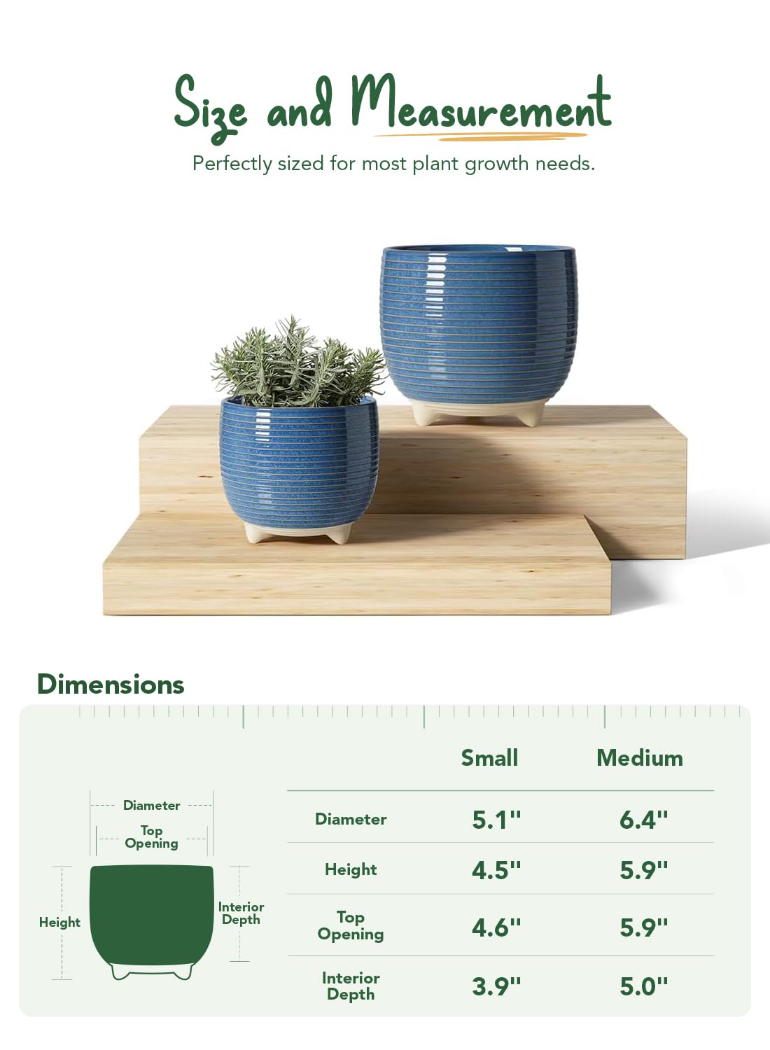 LE TAUCI Ceramic Plant Pots, 5.1 + 6.4 Inch Footed Pots for Plants, Modern Flower Pots for Home and Office, Indoor Planters with Drainage, Reactive Glaze Blue