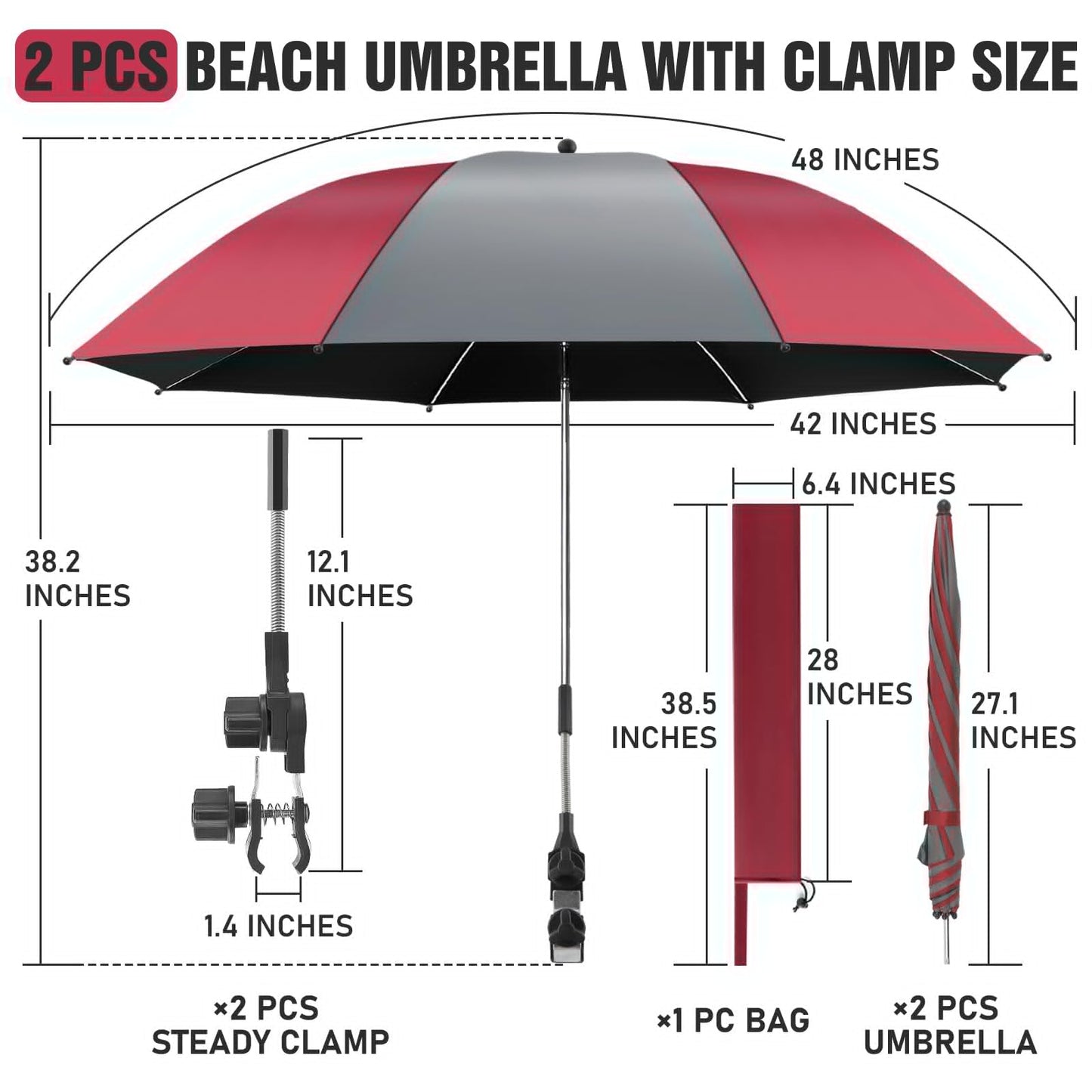 NBtoUS 2 Pack Chair Beach Umbrella with 360 Universal Clamp, UPF50+ Umbrella Outdoor Patio Sun Protection for Chairs, Beach &Patio Use (Grey/Wine Red)