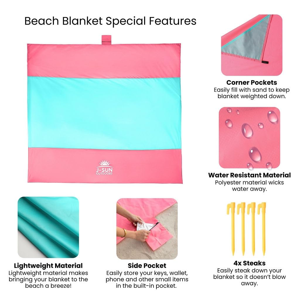 Beach Blanket Sandproof Waterproof, Extra Large Beach Mat, Oversized & Compact Sand Free, Quick Dry Beach Essentials for Vacation, Cruise, Picnic & Camping with Stakes & Extra Zippered Pockets