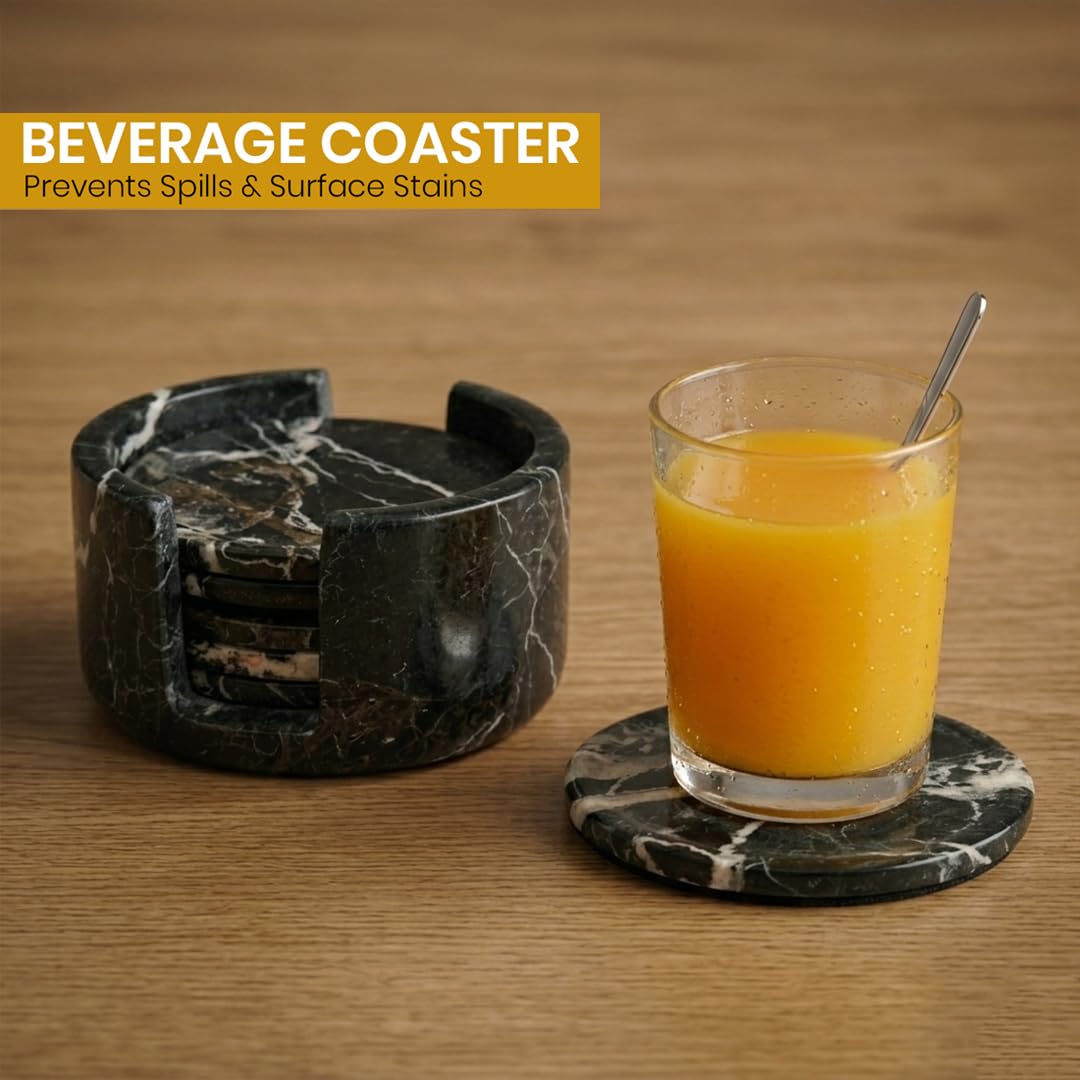 Marble Coasters Set of 6 with Holder, 3.5 Inch Round Drink Coasters for Tabletop and Coffee Table Decor (Black Zebra)