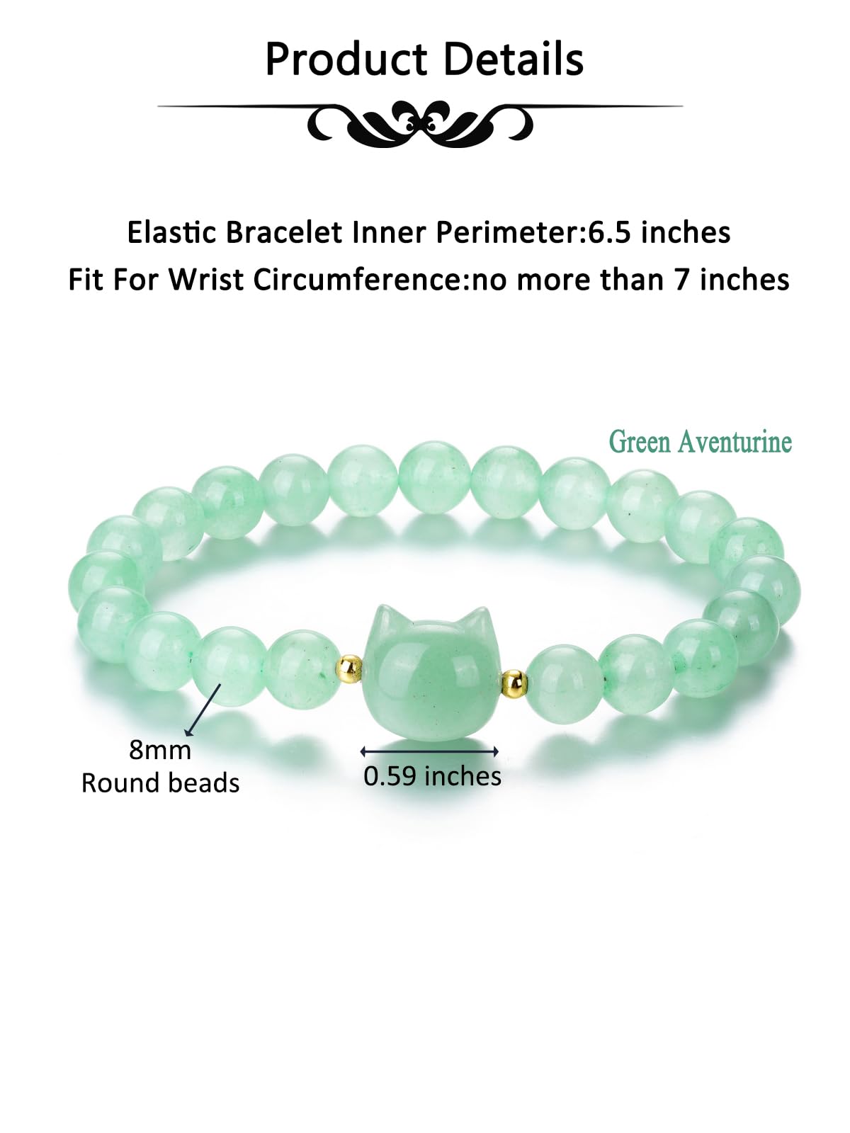 CrystalTears Green Aventurine Crystal Cat Bracelet for Women Men 8mm Healing Crystal Stone Bead Bracelets Protection Gemstones Stretch Bracelet Good Luck Bracelet Jewelry Gifts for Mom Women