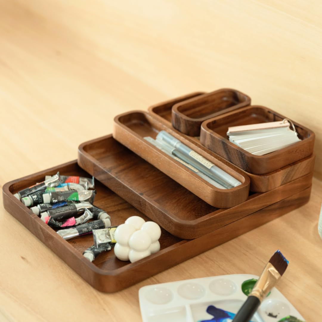 Premium Wooden Stackable Modular Desk Organizer Tray: Set of 6-Pieces Nested Acacia Wood Storage Trays for Office, Kitchen, and Home Organization in Contemporary Style