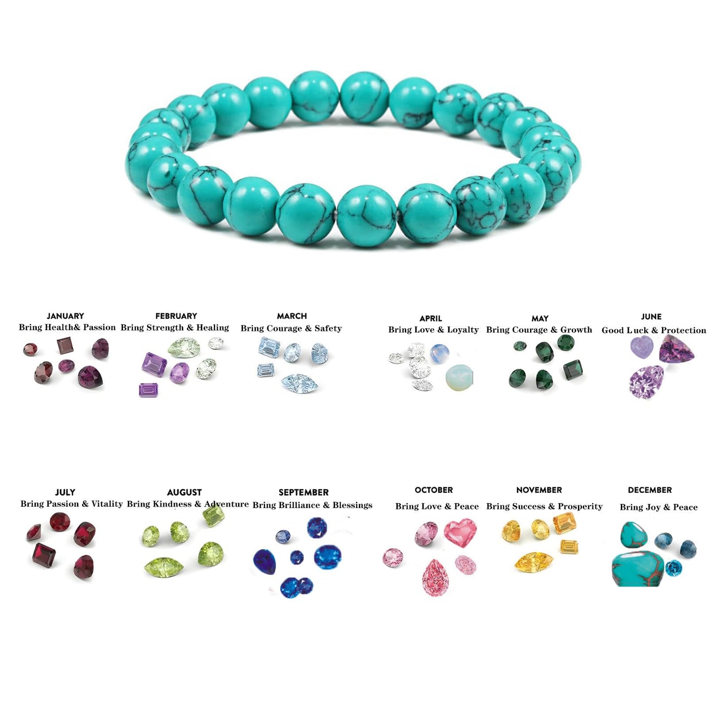 Naupyal December Birthstone Bracelet for Women Men,Turquoise Natural Stone Beaded Bracelets,Healing Crystal Gemstones Stretch Bracelet Stress Relief Month Bracelet Birthday Jewelry Gifts