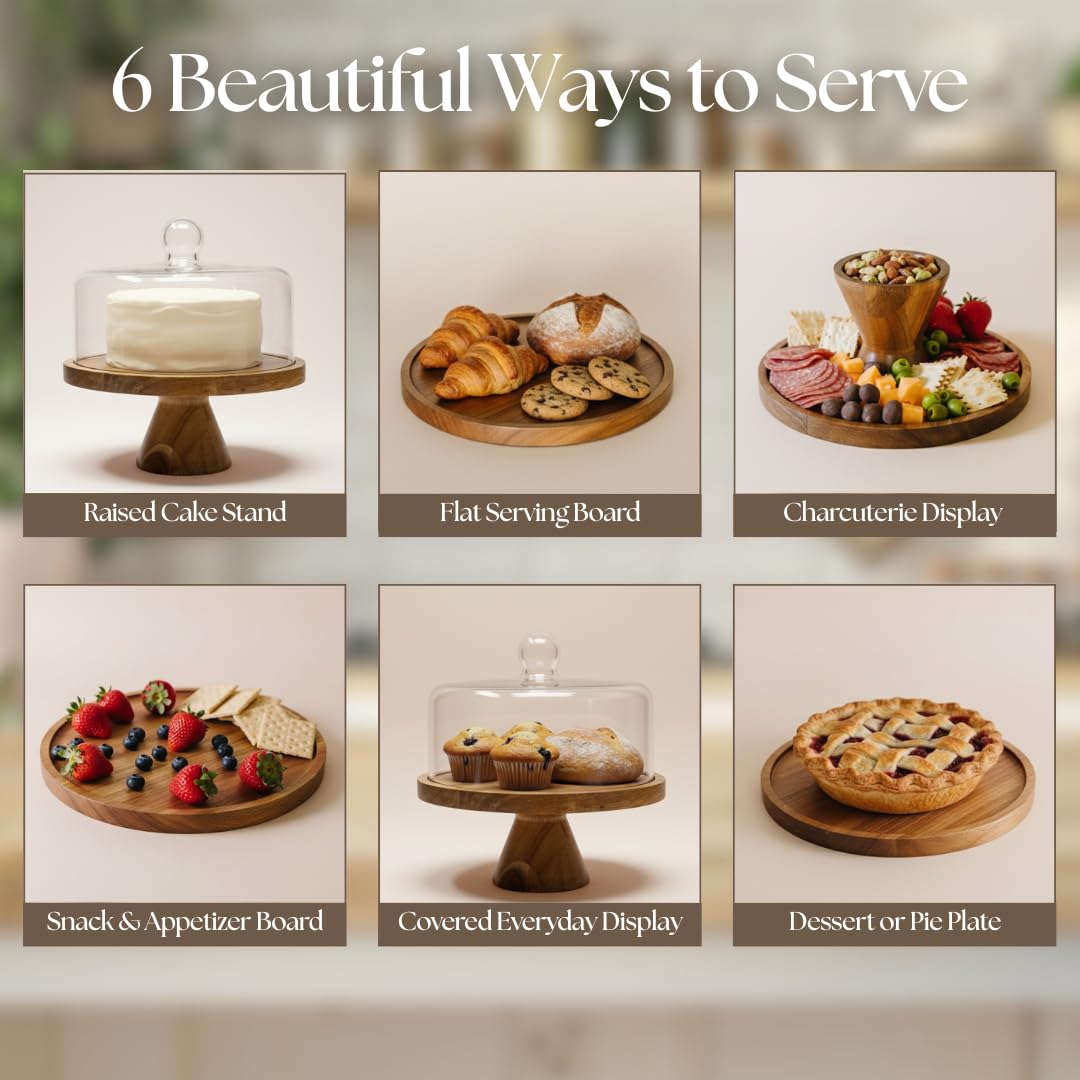 Stellarie Acacia Wood Cake Stand with Glass Dome Lid, Reversible Cake Stand and Serving Board Designed for Everyday Use, Desserts, Charcuterie, and Gifting
