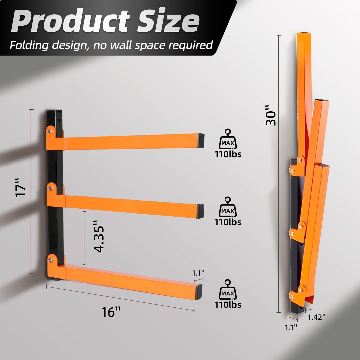 Dometrix Lumber Storage Rack Wall Mounted 2 Pack, Wood Organizer with 3-Level Holds Up to 660LBS, Heavy Duty Folding Metal Garage Organizer for Indoor and Outdoor, Orange