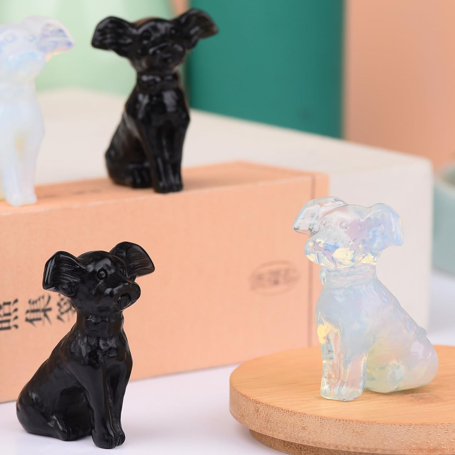 Ytbeoxk 1.8 Inch Black Obsidian Dog Crystal Figurines Home Decor,Hand-Carved Healing Crystals, Puppy Statues Stone Energy Gemstones,in Bedroom Office Dog Memorial Gifts for Women and Men