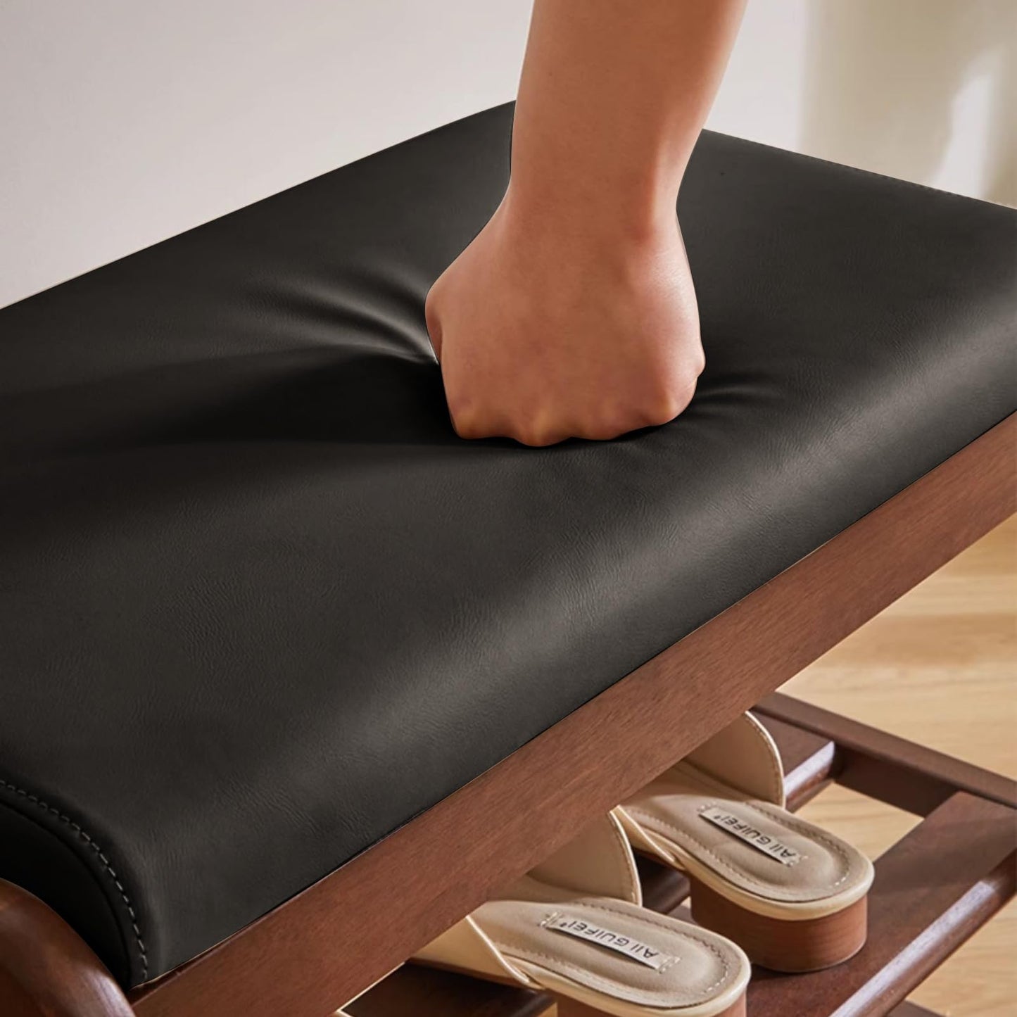 HOOTSMALL Wooden Shoe Storage Bench with Padded Top Cushion, Two-Tier Wooden Shoe Rack, Suitable for Bedrooms and Living Rooms, Black Walnut(31.5'')