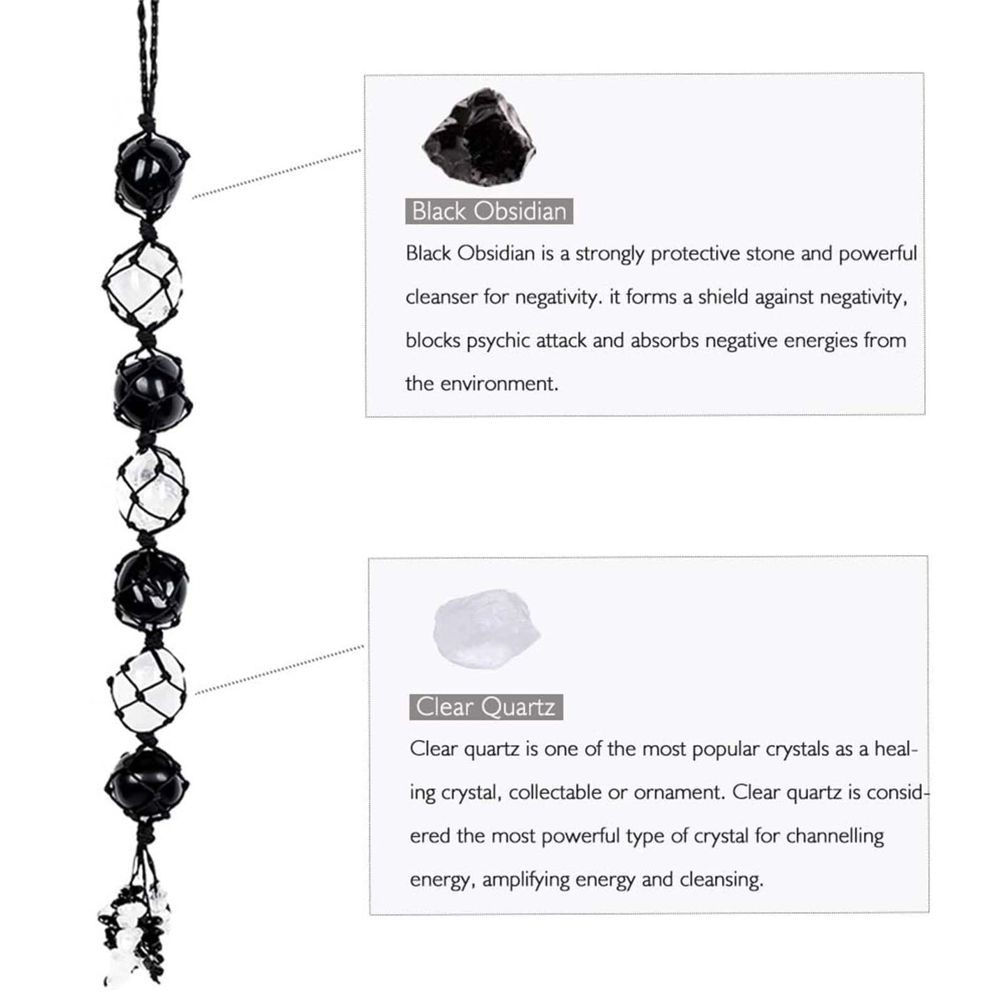 Runyangshi Hanging Car Charm Clearn Crystal Black Obsidian Healing Crystal and Stones Natural Crystals Car Hanging Omament with Chips Stones Accessories Rearview Mirror Decorations