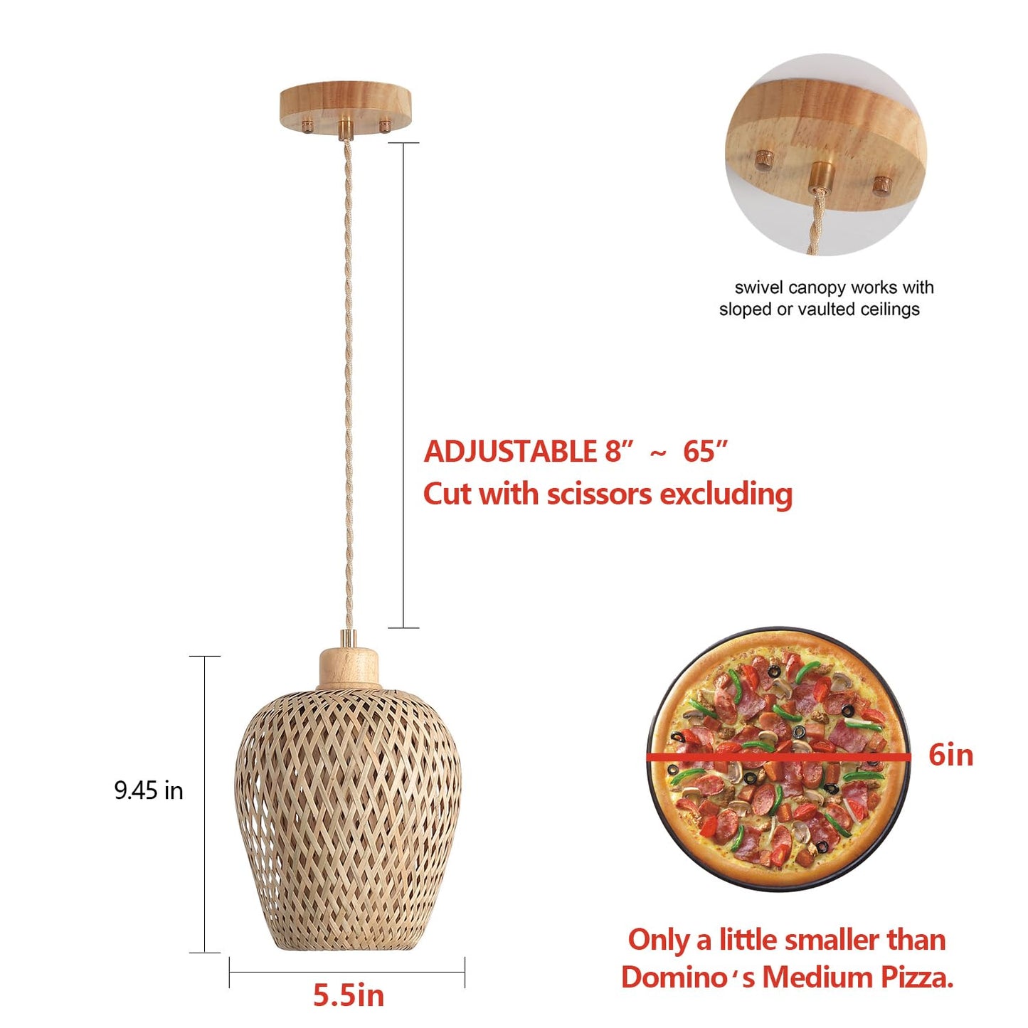 Hchunqjor Bamboo Pendant Light Fixture One-Light Adjustable Boho Basket Handmade Woven Mini Pendant Lighting for Kitchen Island Sink Farmhouse Home