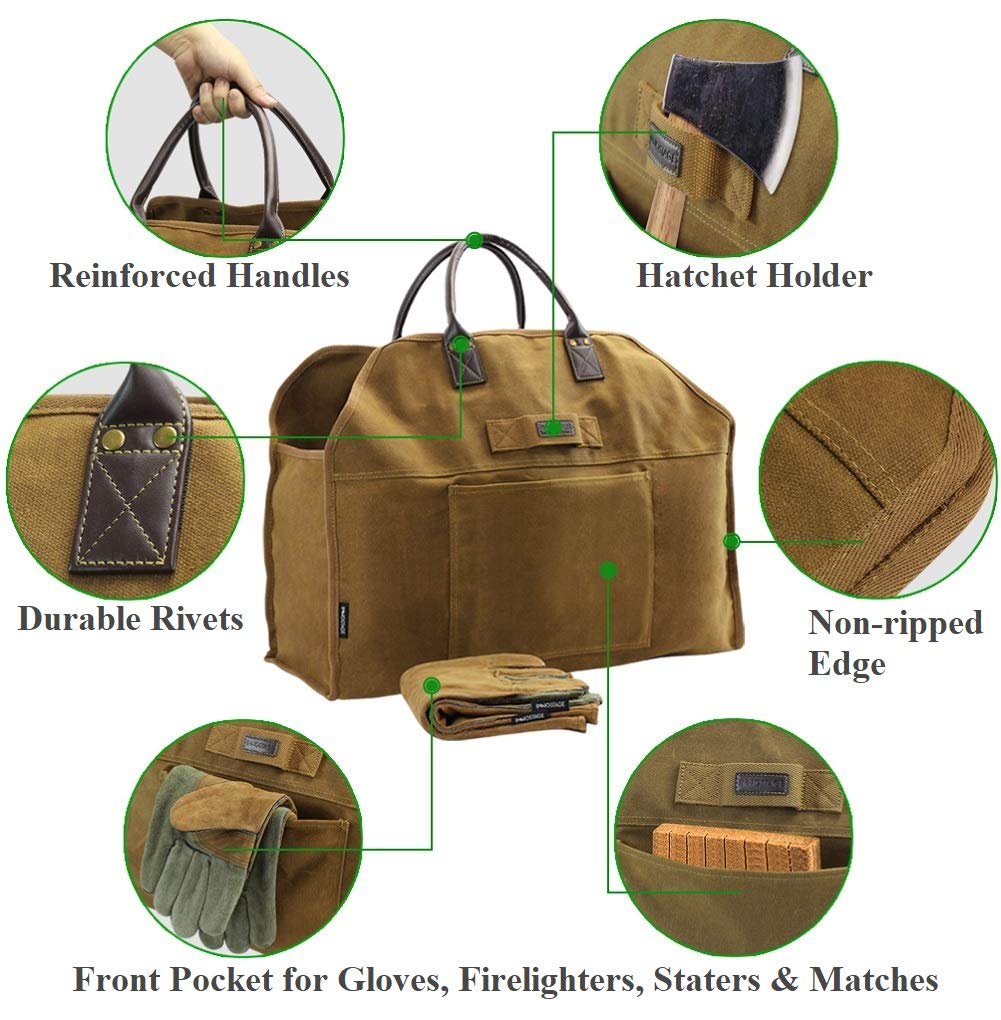 INNO STAGE Firewood Log Carrier Bag Waxed Canvas Tote Holder with Fireplace Pure Leather Gloves for Hay Hauling Outdoor Camping, BBQ Barbecue
