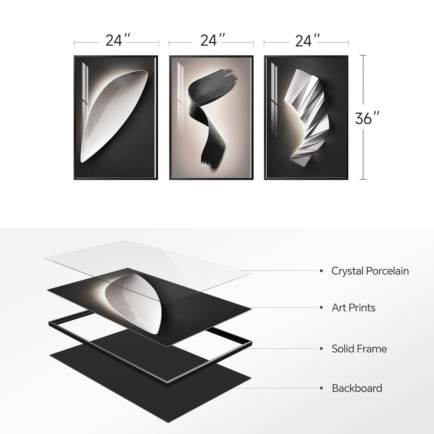 Large Framed Modern Wall Art for Living Room, 3 Piece Black and White Abstract Contemporary Pictures Artwork Decor, Geometric Luxury Bright Style Prints Paintings for Hallway and Office 24x36 Inch