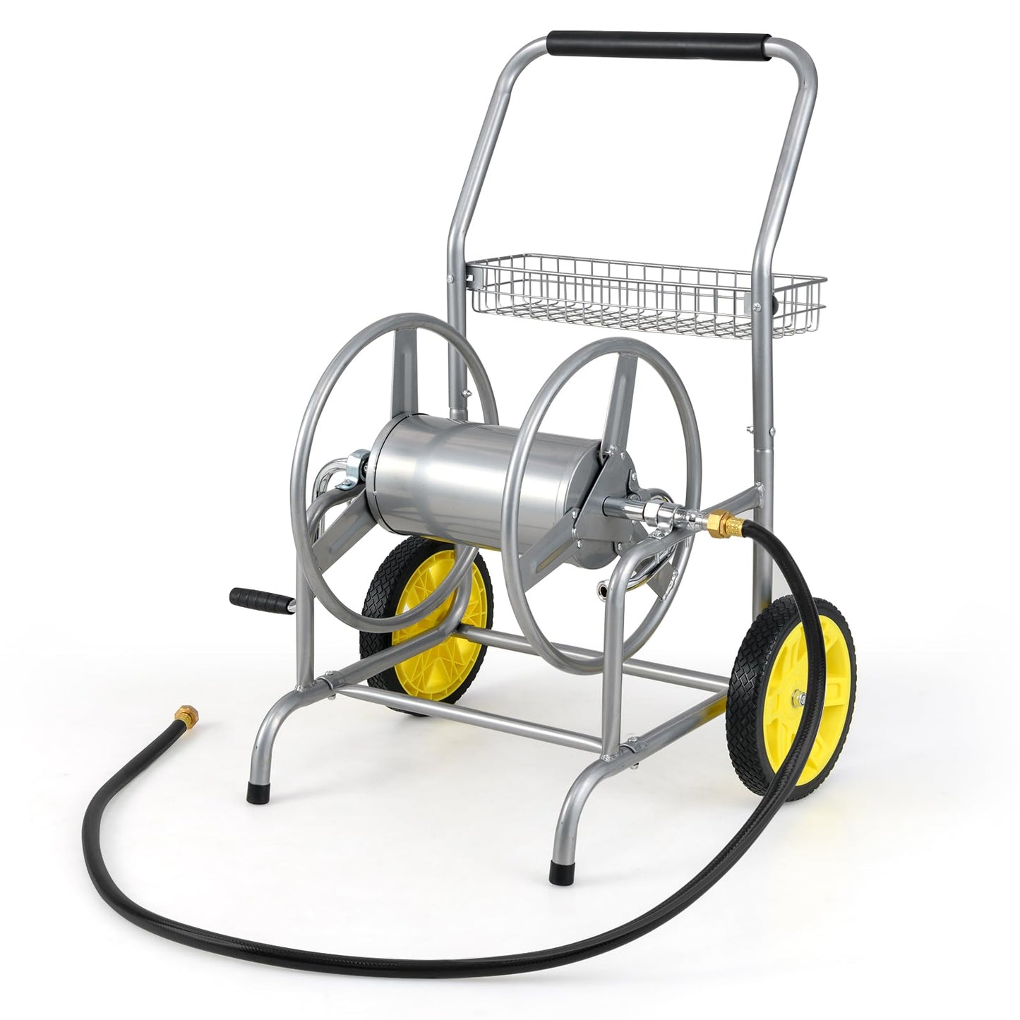 Goplus Garden Hose Reel Cart, 230 FT of 5/8" Large Capacity, Heavy-Duty Metal Hose Cart w/ 2 Wheels, Storage Basket, Portable Water Hose Organizer for Outside Yard, Outdoor Planting Tool