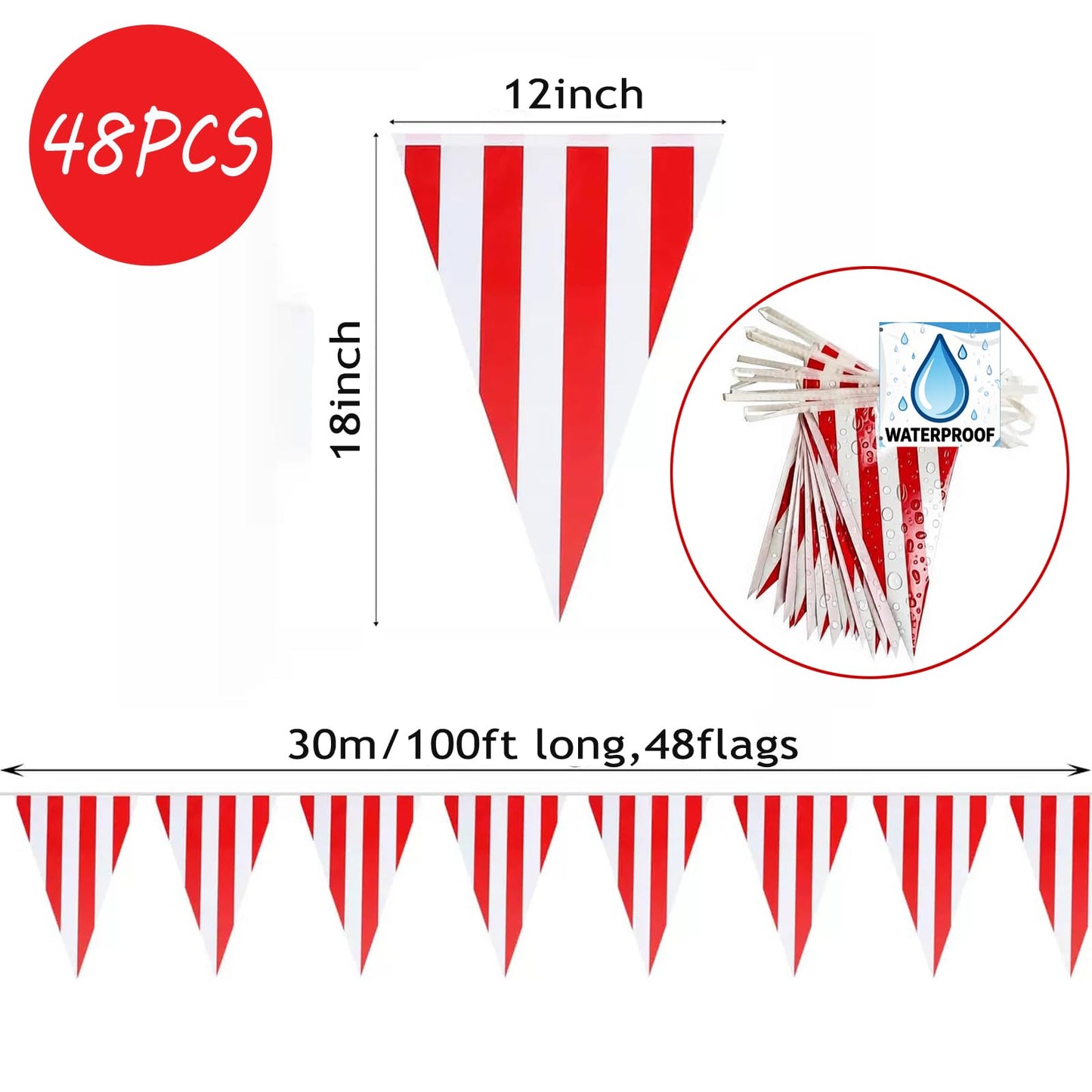 Red & White Striped Pennant Banners - 48pcs Reusable Polyester Cloth Flags,100FT Large Pennants for Carnival Circus, Birthday Parties, Tent Camping & Festive Event Decorations